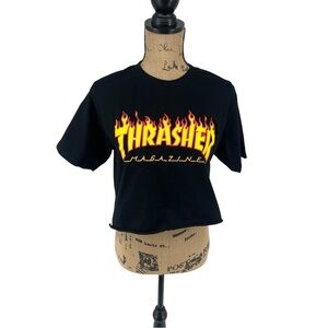 Thrasher Magazine Cropped Black Tshirt‎ Boxy Casual Rocker Heavy Metal Cotton